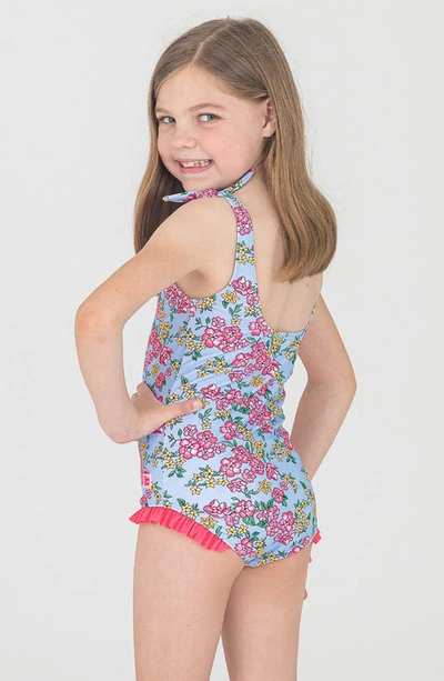 Shop Rufflebutts Kids' Cheerful Blossoms Tie Shoulder One-piece Swimsuit In Blue/ Pink Multi
