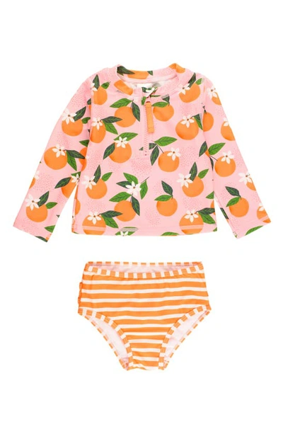 Shop Rufflebutts Orange You The Sweetest Long Sleeve Two-piece Rashguard Swimsuit In Pink