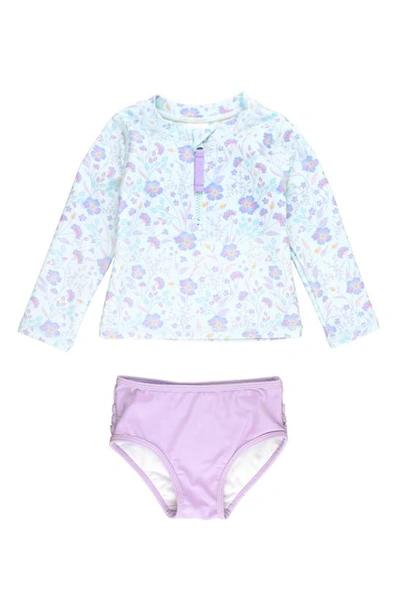 Shop Rufflebutts Kids' Fairytale Garden Long Sleeve Two-piece Rashguard Swimsuit In Blue