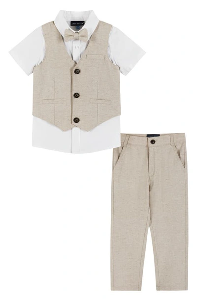 Shop Andy & Evan Kids' Button-up Shirt, Vest, Bow Tie & Pants Set In Beige