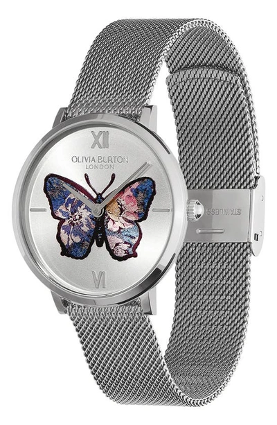 Shop Olivia Burton Signature Butterfly Leather Strap Watch, 28mm In Silver White