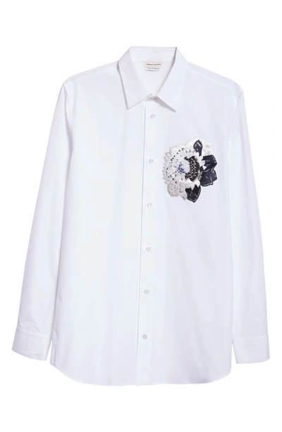 Shop Alexander Mcqueen Dutch Flower Embroidered Cotton Poplin Button-up Shirt In Opticalwhite