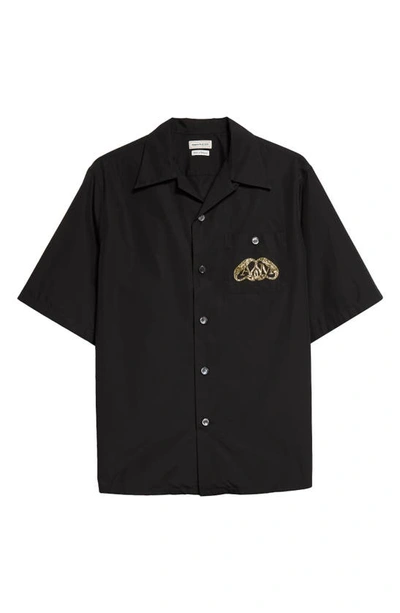 Shop Alexander Mcqueen Embroidered Seal Cotton Poplin Camp Shirt In Black