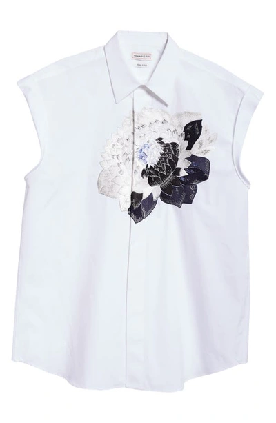 Shop Alexander Mcqueen Dutch Flower Embroidered Sleeveless Cotton Poplin Button-up Shirt In Opticalwhite