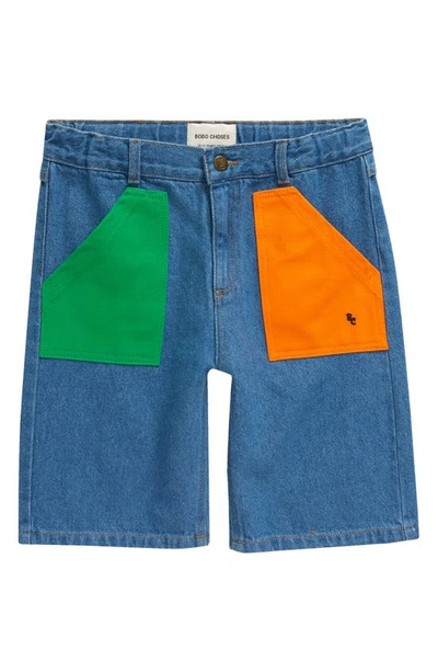 Shop Bobo Choses Kids' Contrast Pocket Denim Bermuda Shorts In Prussian Blue