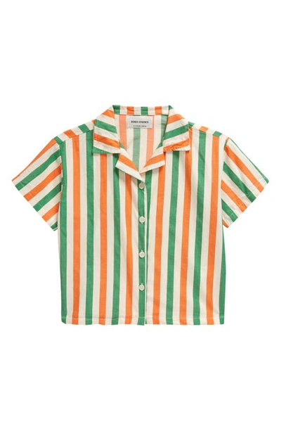 Shop Bobo Choses Kids' Stripe Short Sleeve Cotton Button-up Shirt In Beige Multicolor