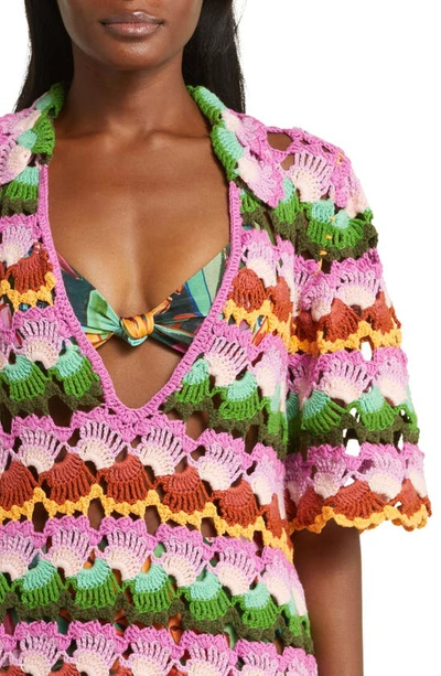 Shop Farm Rio Bananas Stripe Crochet Cover-up Dress In Pink Multicolor
