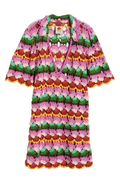 Shop Farm Rio Bananas Stripe Crochet Cover-up Dress In Pink Multicolor