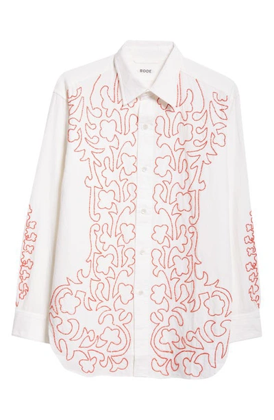 Shop Bode Crossvine Beaded Cotton Button-up Shirt In White Red
