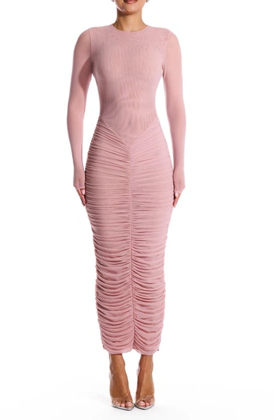 Shop Naked Wardrobe Meshed It All Up Long Sleeve Maxi Dress In Pale Pink