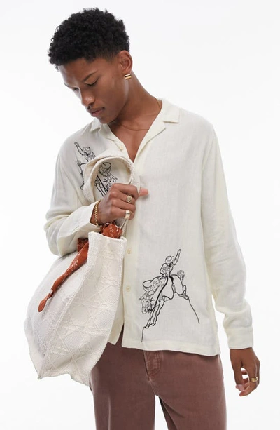 Shop Topman Embroidered Cowboy Linen Long Sleeve Camp Shirt In Stone