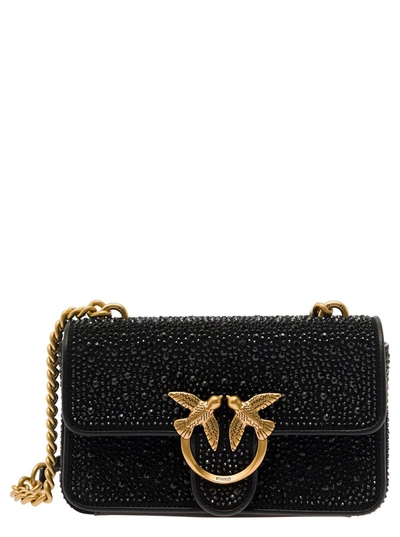 Shop Pinko 'mini Love One' Black Shoulder Bag With All-over Rhinestones In Suede Woman