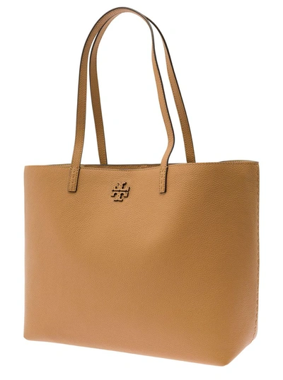 Shop Tory Burch 'mcgraw' Beige Tote Bag Wit Double T Detail In Grainy Leather Woman