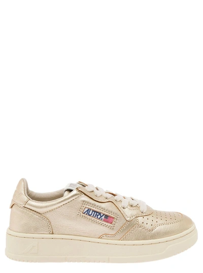 Shop Autry 'medalist' Gold Low Top Sneakers With Logo Patch In Laminated Leather Woman In Grey