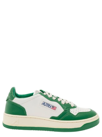 Shop Autry 'medalist' White And Green Low Top Sneakers With Logo Patch In Leather Woman In Multicolor