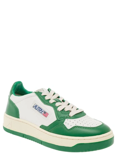 Shop Autry 'medalist' White And Green Low Top Sneakers With Logo Patch In Leather Woman In Multicolor