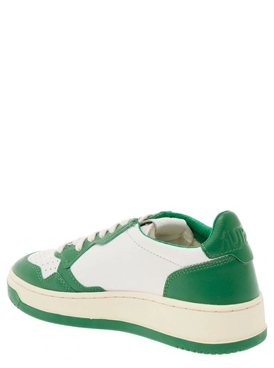 Shop Autry 'medalist' White And Green Low Top Sneakers With Logo Patch In Leather Woman In Multicolor