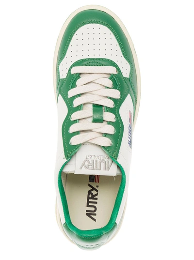 Shop Autry 'medalist' White And Green Low Top Sneakers With Logo Patch In Leather Woman In Multicolor