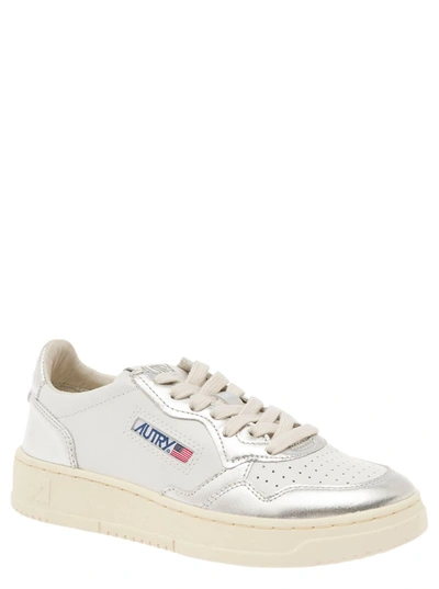 Shop Autry 'medalist' White And Silver Low Top Sneakers With Logo Patch In Leather Woman In Grey