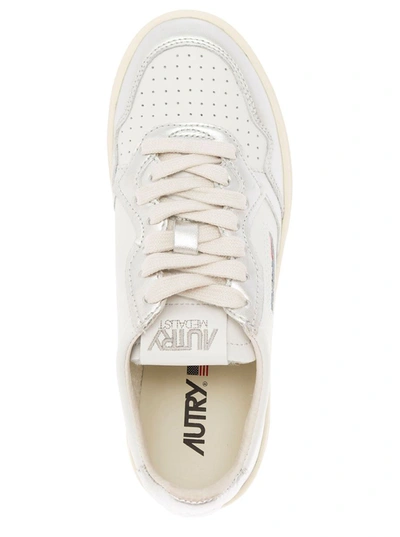 Shop Autry 'medalist' White And Silver Low Top Sneakers With Logo Patch In Leather Woman In Grey
