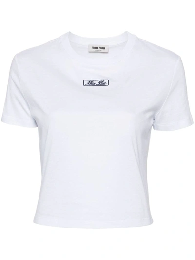 Shop Miu Miu Logo-embroidered Cotton T-shirt In Bianco