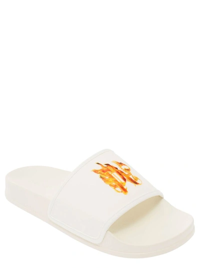 Shop Palm Angels White Pool Slider With Flame Logo Detail In Rubber Man In Beige