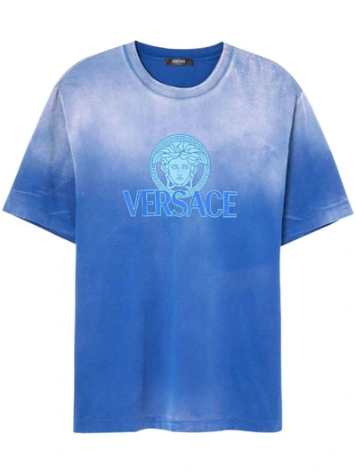 Shop Versace T-shirt Jersey Fabric Degrade Overdye Clothing In Blue