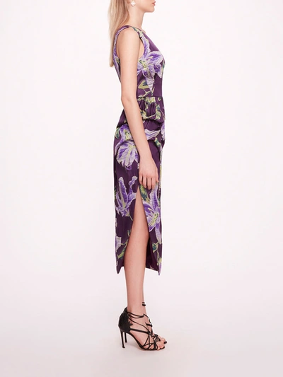 Shop Marchesa One Shoulder Drape Midi Dress In Purple