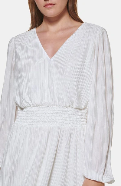 Shop Kensie Pleated V-neck Long Sleeve A-line Dress In Ivory