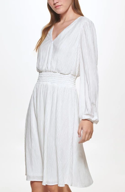 Shop Kensie Pleated V-neck Long Sleeve A-line Dress In Ivory
