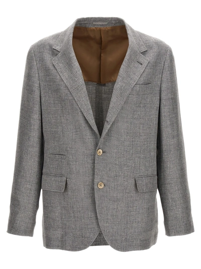 Shop Brunello Cucinelli Single-breasted Linen Blend Blazer Gray