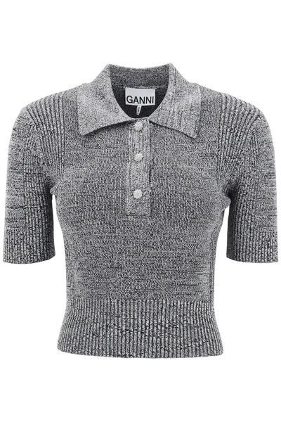 Shop Ganni Stretch Knit Polo Top With Jewel Buttons