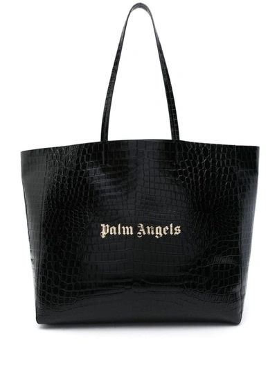 Shop Palm Angels Crocodile-embossed Leather Tote Bag In Black Gold