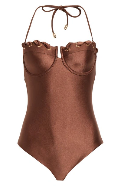 Shop Zimmermann Devi Eyelet Detail Balconette One-piece Swimsuit In Chocolate