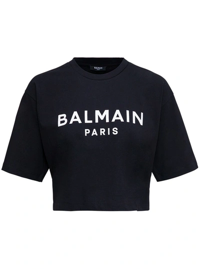 Shop Balmain Logo Organic Cotton Cropped T-shirt In Black