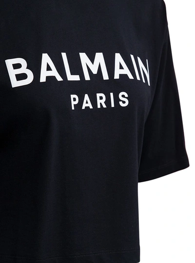 Shop Balmain Logo Organic Cotton Cropped T-shirt In Black