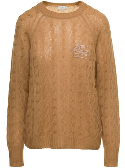 Shop Etro Beige Braided Pullover With Embroidered Logo On The Chest In Cashmere Woman