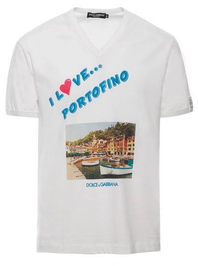 Shop Dolce & Gabbana White T-shirt With 'i Love Portofino' Print In Cotton Man