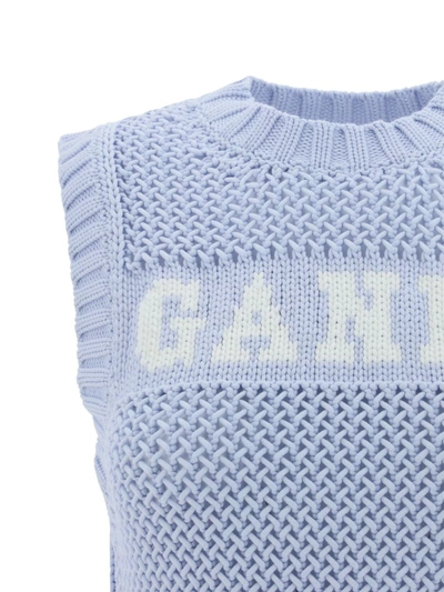 Shop Ganni Light Blue Knit Vest With Intarsia Logo In Cotton Woman