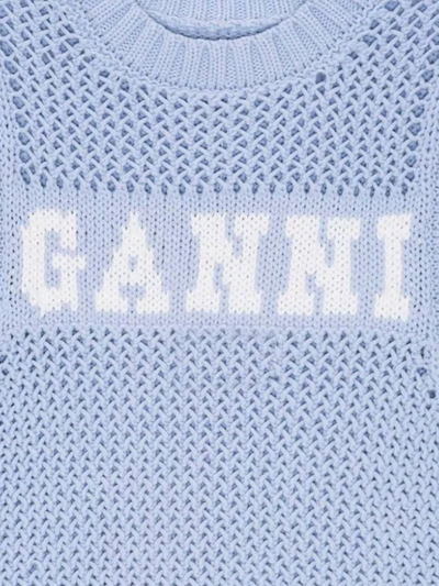 Shop Ganni Light Blue Knit Vest With Intarsia Logo In Cotton Woman