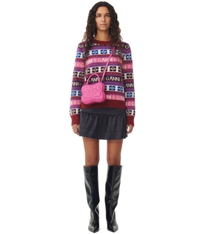 Shop Ganni Multicolor O-neck Sweater With Logo Motif In Wool Blend Woman
