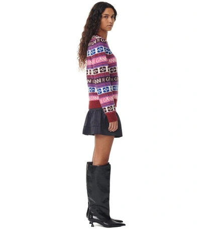 Shop Ganni Multicolor O-neck Sweater With Logo Motif In Wool Blend Woman