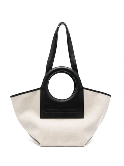 Shop Hereu Cala Small Leather-trimmed Canvas Tote Bag In Beige