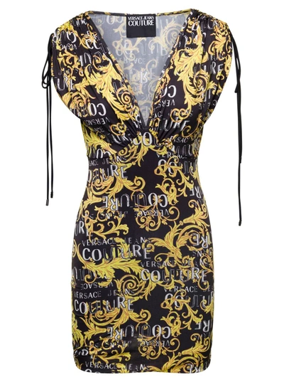 Shop Versace Jeans Couture Multicolor V Neck Mini Dress With All-over Couture Logo Print In Polyester Woman Versace Jeans Coutu