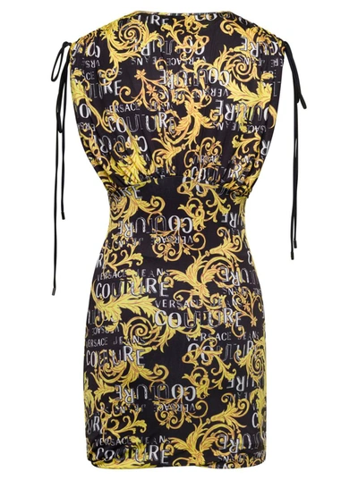 Shop Versace Jeans Couture Multicolor V Neck Mini Dress With All-over Couture Logo Print In Polyester Woman Versace Jeans Coutu