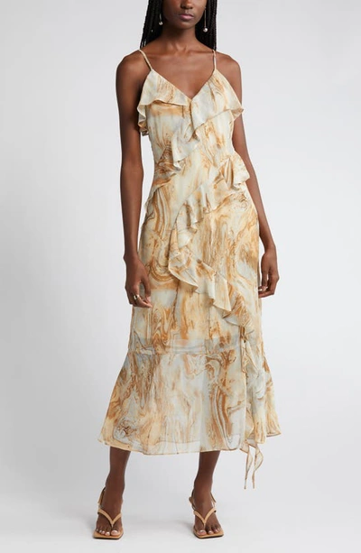 Shop Moon River Marble Print Ruffle Midi Dress In Beige Multi
