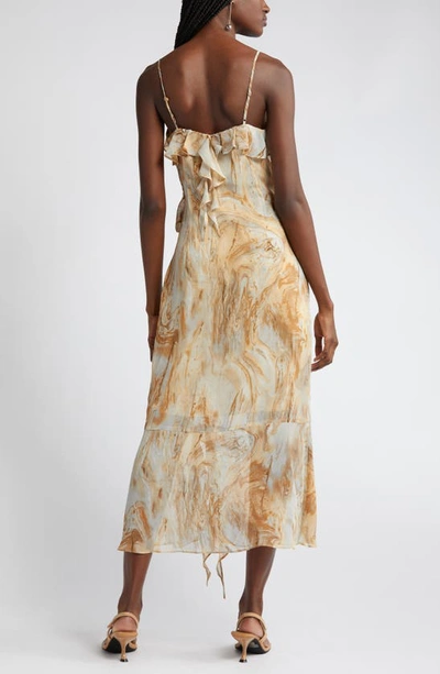 Shop Moon River Marble Print Ruffle Midi Dress In Beige Multi