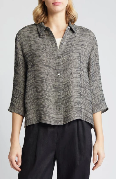 Shop Eileen Fisher Jacquard Organic Linen Blend Button-up Shirt In Black/ Natural