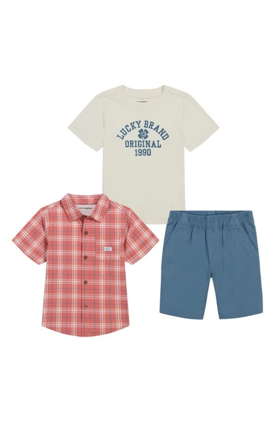 Shop Lucky Brand Kids' Short Sleeve Button-up Shirt, Graphic T-shirt & Shorts Set In Assorted