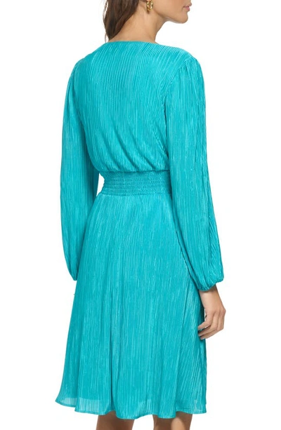Shop Kensie Pleated V-neck Long Sleeve A-line Dress In Lagoon